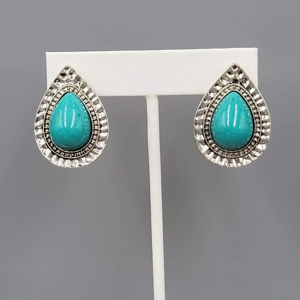 Teardrop Pierced Earrings Silver tone Blue Accent 1.25" - Picture 1 of 7